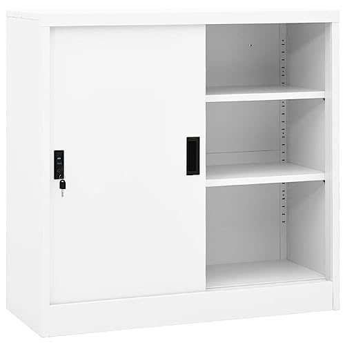 Qnhdfrt Weißer Büroschrank mit Schiebetür Stahl 90x40x90 cm Abschließbar Einstellbare Regale Robust für Aktenschrank Aufbewahrung im Büro oder Haushalt von Qnhdfrt