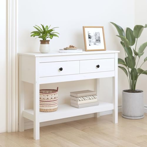 Qnhdfrt Weißer Konsolentisch aus Massivholz Kiefer 100x35x75 cm mit 2 Schubladen und Ablage, Stabiler Beistelltisch für Wohnzimmer Eingangsbereich TV-Bereich Qnhdfrt Weißer Konsolentisch aus Massivholz Kiefer 100x35x75 cm mit 2 Schubladen und Ablage, Stabiler Beistelltisch für Wohnzimmer Eingangsbereich TV-Bereich von Qnhdfrt