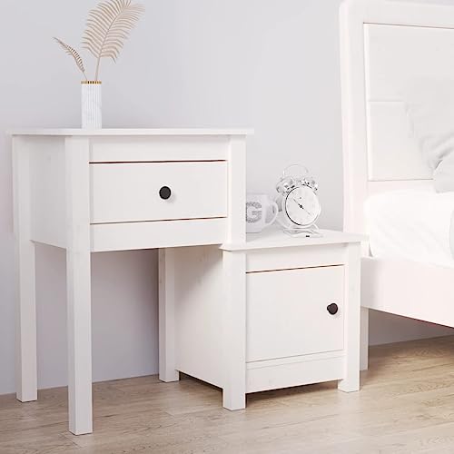 Qnhdfrt Weißer Nachttisch aus Massivholz Kiefer Schmal 79,5x38x65,5 cm mit Schublade und Türfach Flexible Montage für Schlafzimmer oder Wohnzimmer von Qnhdfrt