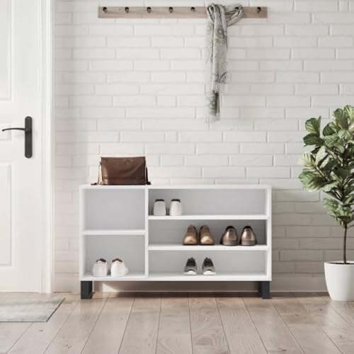 Qnhdfrt Weißer Schuhregal Schmal 102x36x60 cm aus Holzwerkstoff mit Metallbeinen für Flur – Platzsparend mit 5 Fächern und Robuster Oberplatte von Qnhdfrt