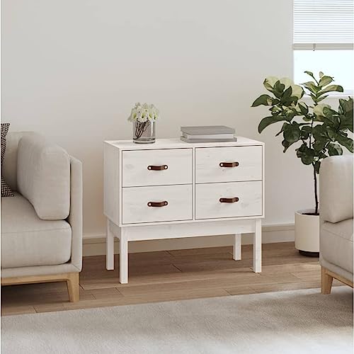 Qnhdfrt Weißer Sideboard Schrank aus Massivholz Kiefer mit 4 Schubladen und rustikaler Optik, 90x40x78 cm, für Flur Wohnzimmer Büro von Qnhdfrt