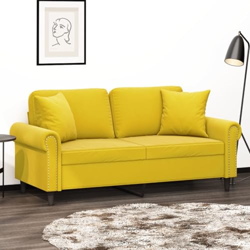 Qnhdfrt Zweisitzer Sofa Gelb Samt Modernes Design 140 cm Sitzbreite mit Dekorativen Kissen für Wohnzimmer Balkon oder Jugendzimmer Robustes Metallgestell und Bequeme Polsterung von Qnhdfrt