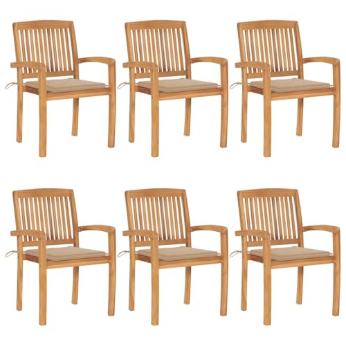 Qnhdfrt stapelbare Gartenstühle mit Kissen 6 STK. Massivholz Teak für Garten Terrasse Balkon – rustikales Design stapelbar witterungsbeständig von Qnhdfrt