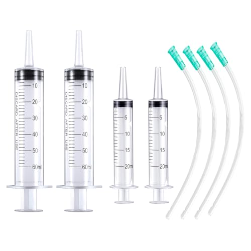 4 Stück Spritze 20ml/60ml,Dosierspritze Ohne Nadel mit Schlauch, Transparente Kunststoffschläuche für Labor Tierfütterung, Pflanzenbewässerung Motoröl oder Bremsflüssigkeit von QoTang
