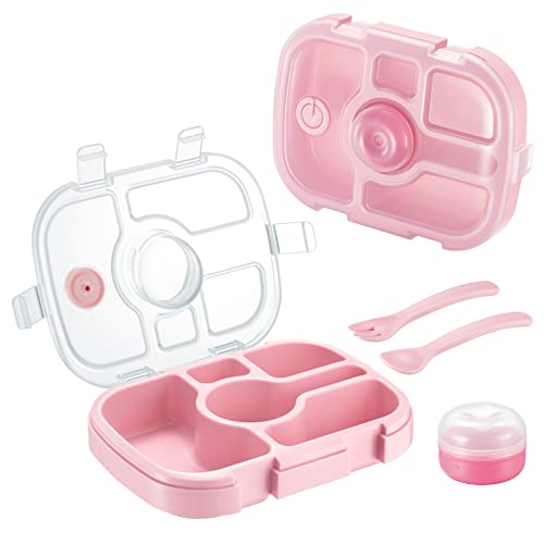 Qobobo® Brotdose mit Fächern, BPA-Frei, Lunchbox Brotbox mit 5 Unterteilung und 1 Separaten Saucenbox & geschirr, Jausenbox Bento Box ideal für Kindergarten & Schule (Rosa) von Qobobo