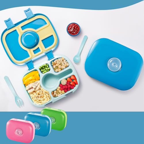 Qobobo® Brotdose mit Fächern, BPA-Frei, Lunchbox mit 5 Unterteilung und 1 Separaten Saucenbox & geschirr, Brotzeitbox Brotbox Bento Box ideal für Kindergarten & Schule (Blau) von Qobobo