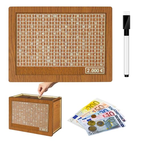 Spardose mit Zähler, Wiederverwendbare 2000 Euro Sparbox mit Zahlen Ankreuzen Spardose Holz, Sparbüchse für Erwachsene Mädchen Jungen Geburtstag Gefälligkeiten von Qobobo