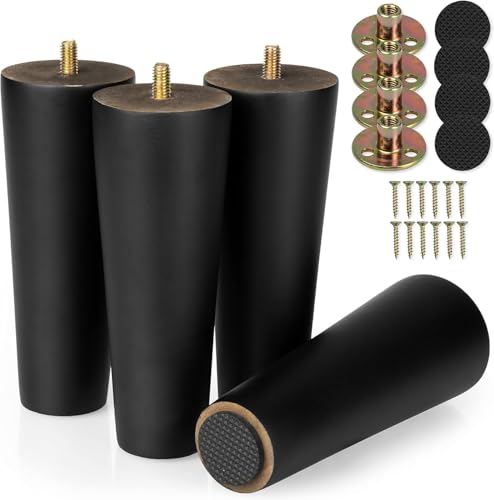 Qodiacl 4 Stück Möbelfüße Holz 12cm Holzfüße für Möbel Eichenholz Schrankfüße Sofafüße Möbelbeine Rund Holzbeine für Couchtisch Bett Kommode Stuhl Couch Tisch Schrank Sofa Beine, Schwarz von Qodiacl