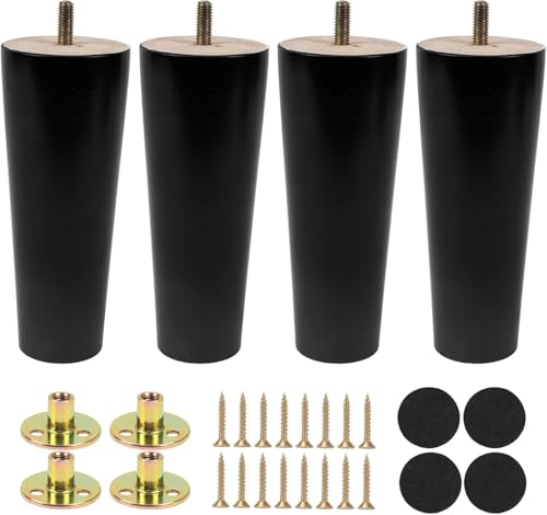 Qodiacl 4 Stück Möbelfüße Holz 15cm Holzfüße für Möbel Eichenholz Schrankfüße Sofafüße Möbelbeine Rund Holzbeine für Couchtisch Bett Kommode Stuhl Couch Tisch Schrank Sofa Beine, Schwarz von Qodiacl