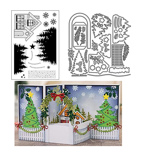 Qoiseys Christmas Tree and House Clear Stamps and Dies Sets for Card Making, Cutting Dies Cut Schablonen for DIY Scrapbooking Fotoalbum Dekorative Papier Crafting Embossing Template von Qoiseys