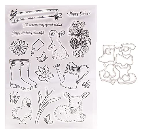 Qoiseys Gießkanne Ostern Stempel und Stanzschablonen Set,Clear Stempel und Stanzen Set Basteln Prägeschablone,Silikonstempel Metall Die Stanzen für DIY Scrapbooking Fotoalbum von Qoiseys