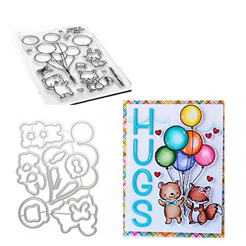 Qoiseys Hund und Katze Geburtstagsballon Stempel und Stanzschablonen Set,Clear Stempel und Stanzen Set Basteln Prägeschablone,Silikonstempel Metall Die Stanzen für DIY Scrapbooking Fotoalbum von Qoiseys