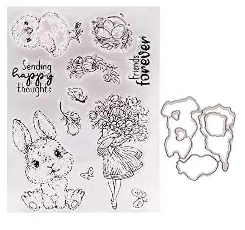 Qoiseys Ostern Kaninchen und Mädchen Stempel und Stanzschablonen Set,Stempel und Stanzen Set Basteln Prägeschablone,Silikonstempel Metall Die Stanzen für DIY Scrapbooking Fotoalbum von Qoiseys