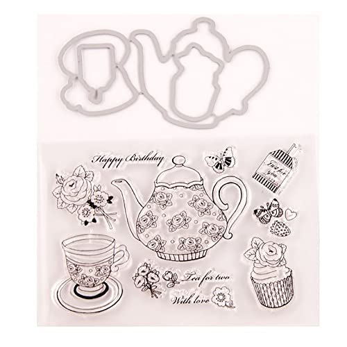 Qoiseys Teekanne und Teetasse Stempel und Stanzschablonen Set,Clear Stempel und Stanzen Set Basteln Prägeschablone,Silikonstempel Metall Die Stanzen für DIY Scrapbooking Fotoalbum von Qoiseys