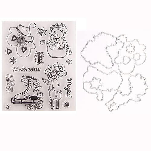 Qoiseys Weihnachten Schneemann Schneeschuhe Stempel und Stanzschablonen Set,Stempel und Stanzen Set Basteln Prägeschablone,Silikonstempel Metall Die Stanzen für DIY Scrapbooking Fotoalbum von Qoiseys