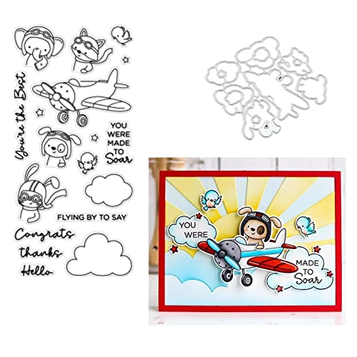 Qoiseys ein Flugzeug fliegen Stempel und Stanzschablonen Set,Clear Stempel und Stanzen Set Basteln Prägeschablone,Silikonstempel Metall Die Stanzen für DIY Scrapbooking Fotoalbum von Qoiseys