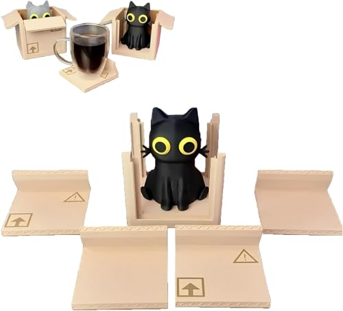Adorable Cat Box Coaster Set, 3D Printed Cute Cat Box Coaster Set, Cat Coasters Home Decoration for Desk & Coffee Table, Cat Gifts for Cat Lovers (Black) von Qoobom