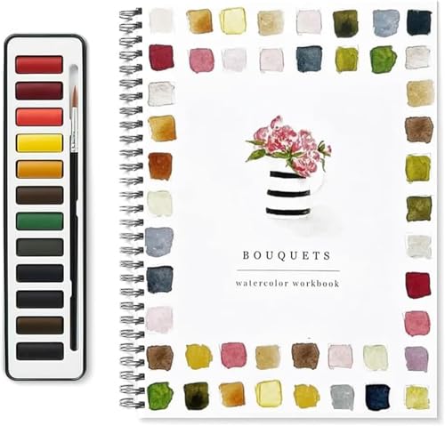 Aquarell-Arbeitsbücher, Anfängerfreundliche Tiere, Aquarell-Arbeitbücher, 12 Farben, Aquarellfarben-Set mit Pinsel, Kunst-Lernset für Bastelarbeiten und Hobby-Projekte (Bouquets) von Qoobom