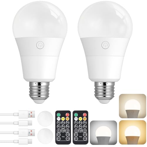 Qoolife Led Glühbirne mit Fernbedienung, E27 USB-C Wiederaufladbare Glühbirnen mit Batterie, 3 Farben Dimmbare, 7W Magnetische Akku Glühbirne Mit Timing Funktion, 2 Pack von Qoolife
