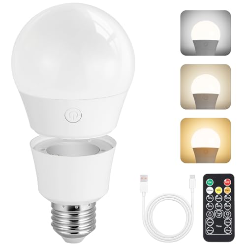 Qoolife USB-C Glühbirne mit Fernbedienung, E27 LED Wiederaufladbare Glühbirnen mit Batterie, 3 Farben Dimmbare, 7W Magnetische Akku Glühbirne Mit Timing Funktion, 1 Stück von Qoolife