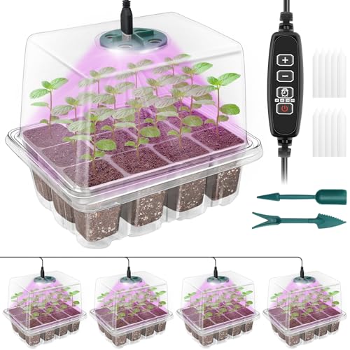Qoolife Zimmergewächshaus Anzuchtkasten, Mini Gewächshaus Anzucht Set mit erhöhten Deckel, Setzling Starter mit Pflanzenlichter mit vollem 4 Stück (Transparent) von Qoolife
