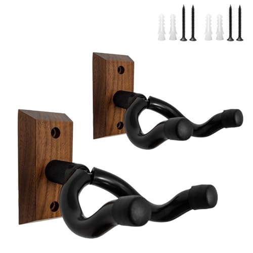 Gitarrenhalterung aus Schwarzer Walnuss Massivholz - 2er Set Wandhalterung mit U-förmigem Haken und Schrauben - Für Akustik, E-Gitarre, Bass, Banjo, Mandoline - Stabiles Gitarren Zubehör Wandhalter von Qooloo