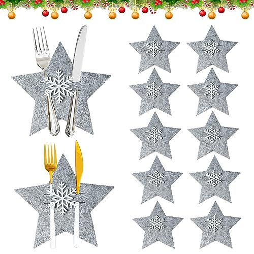 Qooloo Besteckhalter Weihnachten Filz, 12 Stück Bestecktasche Stern Besteckbeutel Tischdekoration Grau Weinachts Schneeflocken Löffel Geschirr Besteck Taschen für Party Tisch Weinachtsdeko von Qooloo