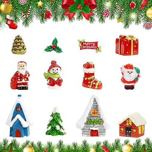 Qooloo Weihnachten Miniatur Ornamente, 12 Stück Weihnachten Mini Figuren, Weihnachtsdeko Figuren Harz, Mini Harz Weihnachtsschmuck, Schneemann Weihnachtsbaum Weihnachtsmann Kleine Ornamente von Qooloo