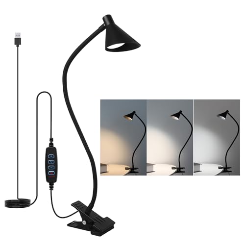 Qooltek Leselampe Klemme 3 Farbmodi 10 Helligkeit, Klemmlampe für Schreibtisch Nachttisch, 5W USB betriebene Schreibtischlampe mit flexiblem Arm, schwarz von Qooltek