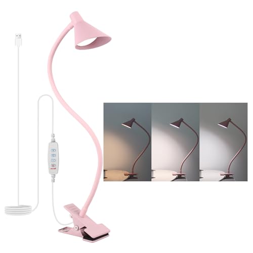 Qooltek Leselampe Klemme mit 3 Farbmodi 10 Helligkeit, Klemmlampe Bett für Schreibtisch Nachttisch, 5W USB Schreibtischlampe mit flexiblem Arm, Pink von Qooltek