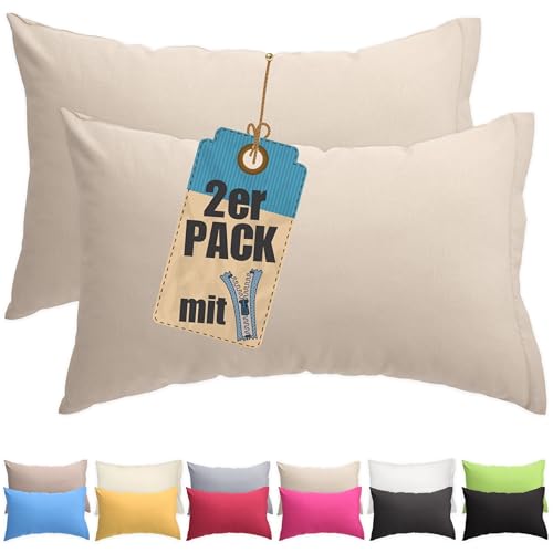 Kissenbezug Doppelpack 30x50 cm Beige mit verdecktem Reißverschluss - 2er Pack Kissenhülle Set Baumwolle Uni, Waschbar, Atmungsaktiv Mischgewebe von Qooltex