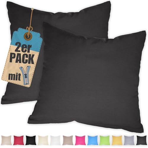 Kissenbezug Doppelpack 40x40 cm Anthrazit mit verdecktem Reißverschluss - 2er Pack Kissenhülle Set Baumwolle Uni, Waschbar, Atmungsaktiv Mischgewebe von Qooltex
