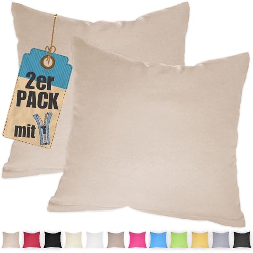 Kissenbezug Doppelpack 40x40 cm Beige mit verdecktem Reißverschluss - 2er Pack Kissenhülle Set Baumwolle Uni, Waschbar, Atmungsaktiv Mischgewebe von Qooltex