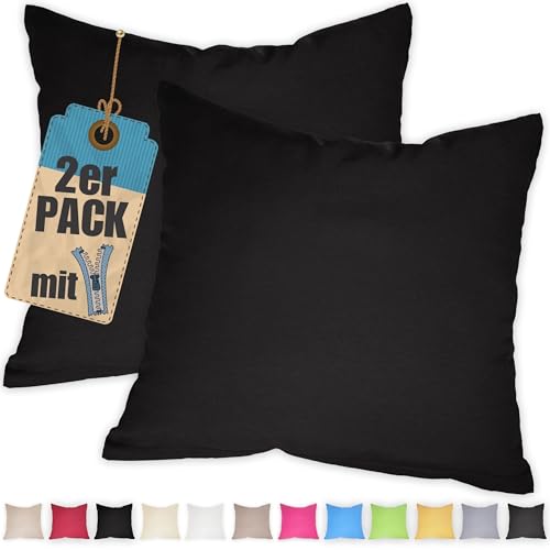 Kissenbezug Doppelpack 40x40 cm Schwarz mit verdecktem Reißverschluss - 2er Pack Kissenhülle Set Baumwolle Uni, Waschbar, Atmungsaktiv Mischgewebe von Qooltex