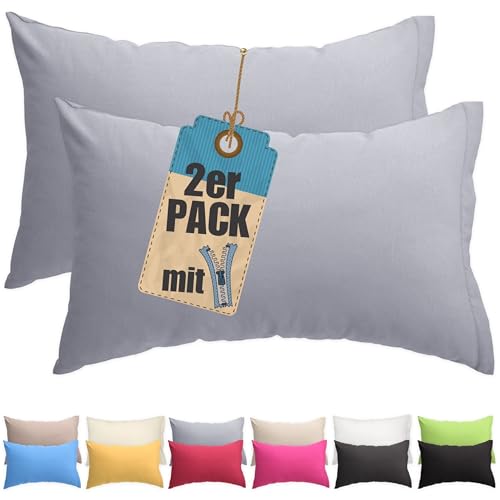Kissenbezug Doppelpack 40x60 cm Grau mit verdecktem Reißverschluss - 2er Pack Kissenhülle Set Baumwolle Uni, Waschbar, Atmungsaktiv Mischgewebe von Qooltex