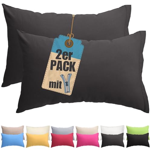 Kissenbezug Doppelpack 40x80 cm Anthrazit mit verdecktem Reißverschluss - 2er Pack Kissenhülle Set Baumwolle Uni, Waschbar, Atmungsaktiv Mischgewebe von Qooltex