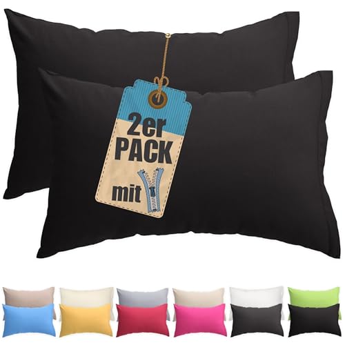 Kissenbezug Doppelpack 40x80 cm Schwarz mit verdecktem Reißverschluss - 2er Pack Kissenhülle Set Baumwolle Uni, Waschbar, Atmungsaktiv Mischgewebe von Qooltex
