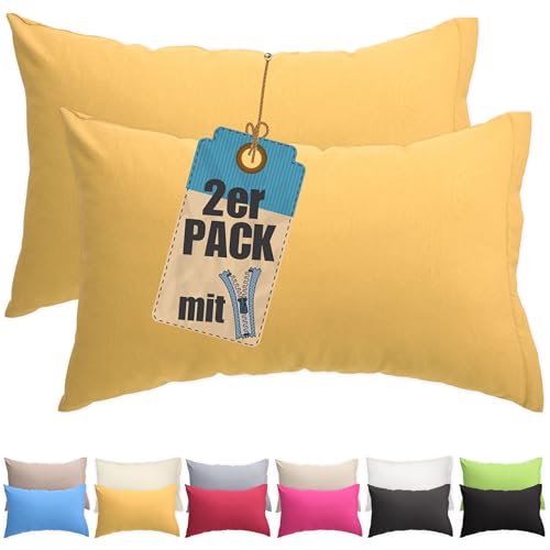 Kissenbezug Doppelpack 50x70 cm Gelb mit verdecktem Reißverschluss - 2er Pack Kissenhülle Set Baumwolle Uni, Waschbar, Atmungsaktiv Mischgewebe von Qooltex