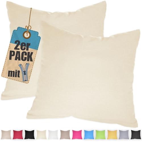 Kissenbezug Doppelpack 60x60 cm Creme mit verdecktem Reißverschluss - 2er Pack Kissenhülle Set Baumwolle Uni, Waschbar, Atmungsaktiv Mischgewebe von Qooltex