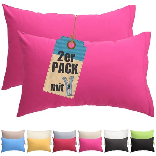 Kissenbezug Doppelpack 60x80 cm Pink mit verdecktem Reißverschluss - 2er Pack Kissenhülle Set Baumwolle Uni, Waschbar, Atmungsaktiv Mischgewebe von Qooltex