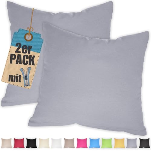 Kissenbezug Doppelpack 80x80 cm Grau mit verdecktem Reißverschluss - 2er Pack Kissenhülle Set Baumwolle Uni, Waschbar, Atmungsaktiv Mischgewebe von Qooltex