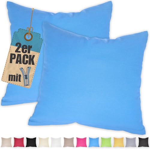 Kissenbezug Doppelpack 80x80 cm Himmelblau mit verdecktem Reißverschluss - 2er Pack Kissenhülle Set Baumwolle Uni, Waschbar, Atmungsaktiv Mischgewebe von Qooltex