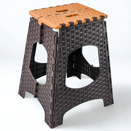 Klapphocker L (35x31,5x43cm) Braun – Tritthocker faltbar bis 120 kg – rutschfest & tragbar – Kunststoff Klapptritt für Küche, Bad, Camping & Haushalt von Qooltex