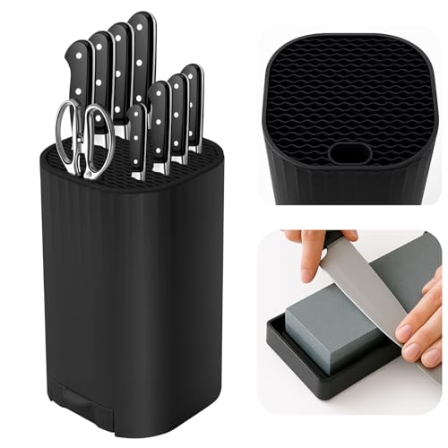 Messerblock Ohne Messer, Qoosea 4 in 1 Universal Abnehmbar Messerhalter Messer Schere Organizer mit Schleifstein, Unbestückte Messerblöcke für alle Küchenmesser Geeignet -Schwarz von Qoosea