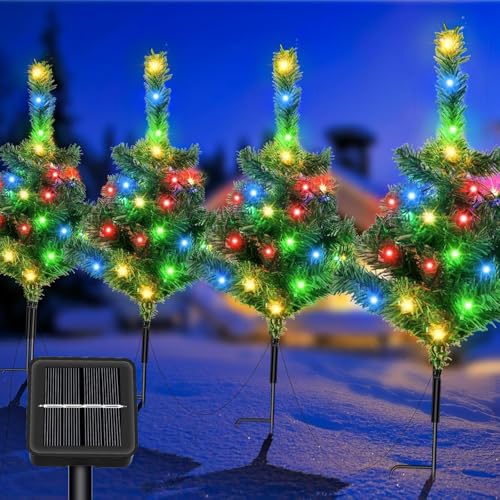 Qoosea 4er Pack Solar Christbaumbeleuchtung Außen Wasserdichte Multi-Color Solarlichter mit 80 LEDs und 8 Modi für Garten Landschaft Vorgarten | Solarbetriebene Weihnachtsbeleuchtung Stakes Dekoration von Qoosea