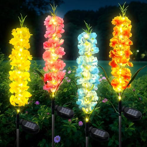 Qoosea Solarleuchten für Garten Außen, 4 Stück Hyazinthe Solarlampe 2 Modi Gartenleuchten IP65 Wasserdicht LED Solar Blumen Lampe, Deko für Garten, Zäune, Hochzeit, Party Dekoration Beleuchtung von Qoosea