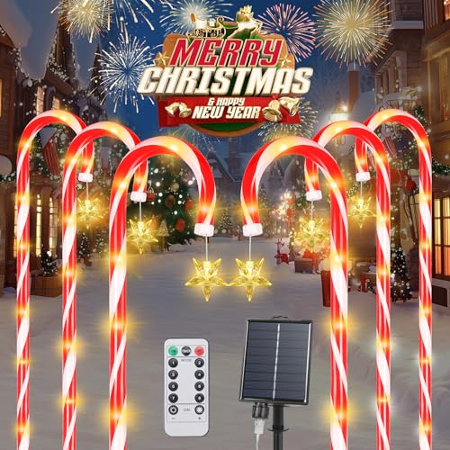 Qoosea Weihnachtsbeleuchtung Solar Außen 6 Stück 8 Modi LED Zuckerstangen mit Stern Außen Solar Lichterkette Weihnachtsdeko Aussen Weihnachtsweg Wasserdicht Gartenleuchte von Qoosea