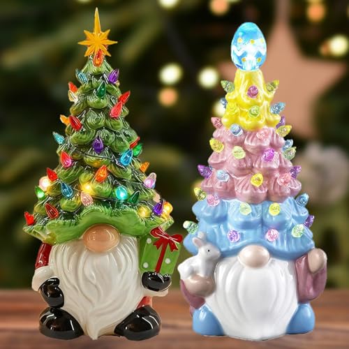 Civilizek DIY Beleuchteter Weihnachtszwergbaum Familie, Keramischer Weihnachtszwergbaum mit Lichtern, Beleuchtete Weihnachtszwerg-Dekorationen (2 Pcs-A) von Qosneoun
