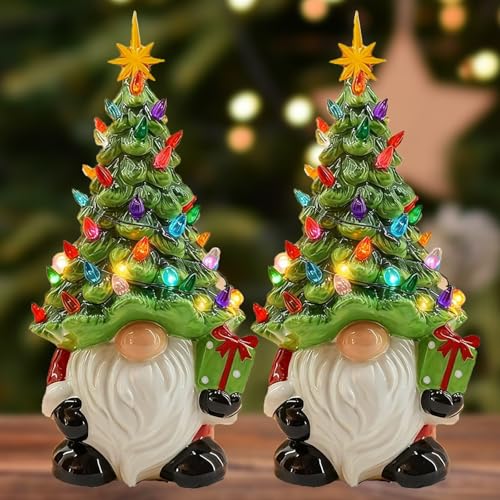 Civilizek DIY Beleuchteter Weihnachtszwergbaum Familie, Keramischer Weihnachtszwergbaum mit Lichtern, Beleuchtete Weihnachtszwerg-Dekorationen (2 Pcs-B) von Qosneoun