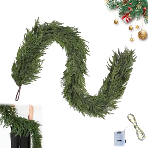 Graceganful Real Touch Deluxe Norfolk-Kieferngirlande, Zederngirlande, künstlicher grüner Kranz für Weihnachten, Feiertage, Kaminsims, Kamintisch, Heimdekoration (A-Green-Encrypted,220 cm) von Qosneoun